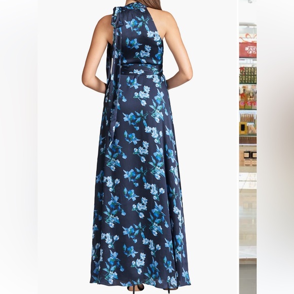 Sachin + Babi Kayla Crinkle Georgette One Shoulder Floral Gown in Blue EUC - Picture 3 of 14